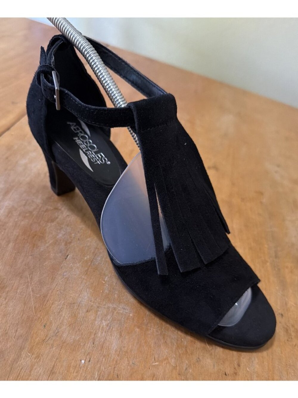 Aerosoles FRINGE Sandal SUEDE Peep Toe 3” HEELS Black 8.5 M Hippie BOHO Cowgirl